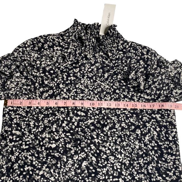 Calvin Klein Small Floral Mock Neck Ruffle Sleeve Blouse Black White - Picture 5 of 12